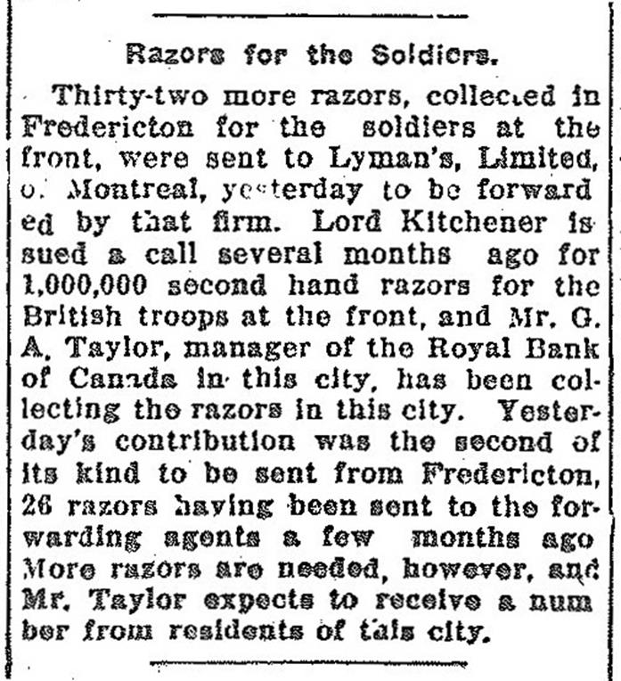 Newspaper clipping headed “Razors for the Soldiers”.