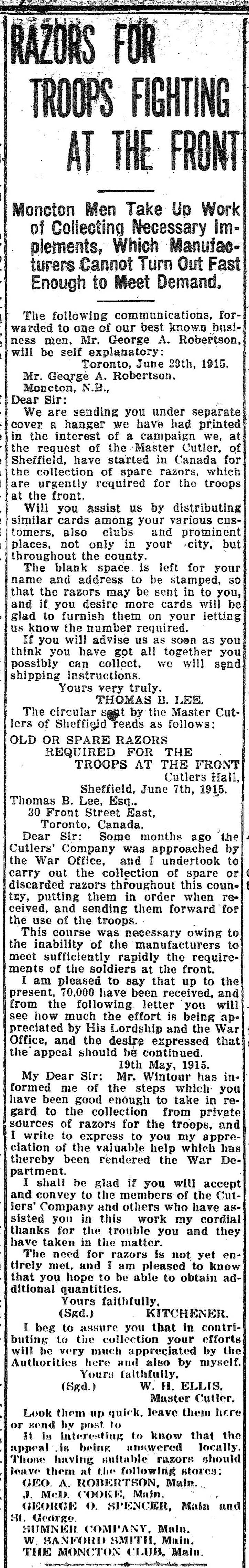 Newspaper clipping headed “Razors for Troops Fighting at the Front”.