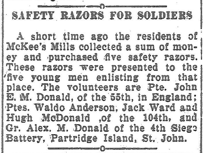 Newspaper clipping headed “Safety Razors for Soldiers”.